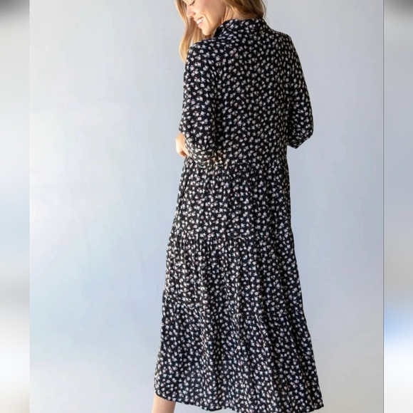 Natural Life Rebecca Midi Dress Black Cream Roses Floral Print Size Large Modest - Picture 3 of 13